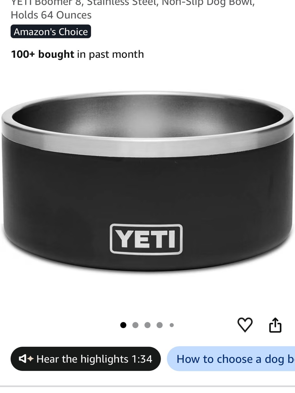 YETI Boomer 8, Stainless Steel, Non-Slip Dog Bowl, Holds 64 Ounces